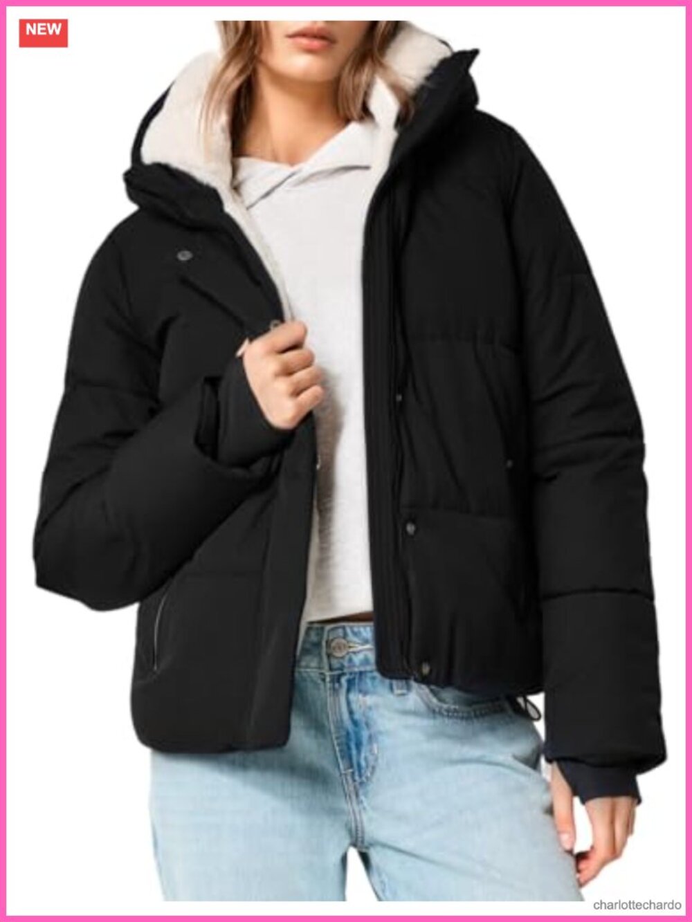 Womens Cropped Puffer Jacket Faux Fur Lined Quilted Hooded Winter Coat